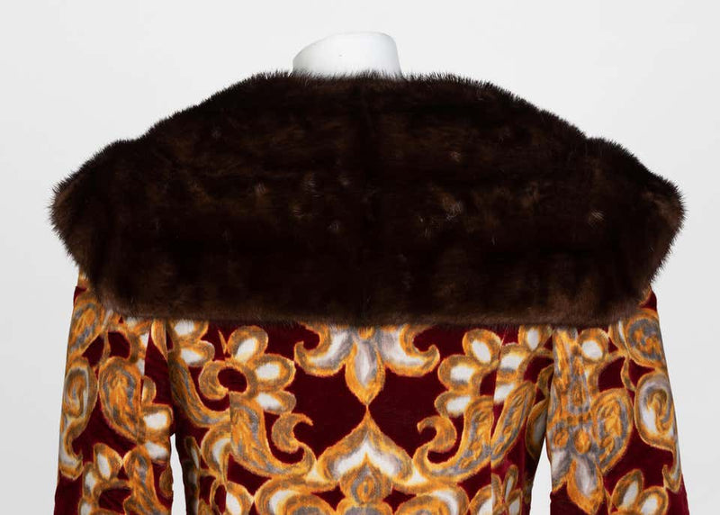 Galanos Couture Red Gold Velvet Fur Trimmed Coat & Dress Ensemble, 1982