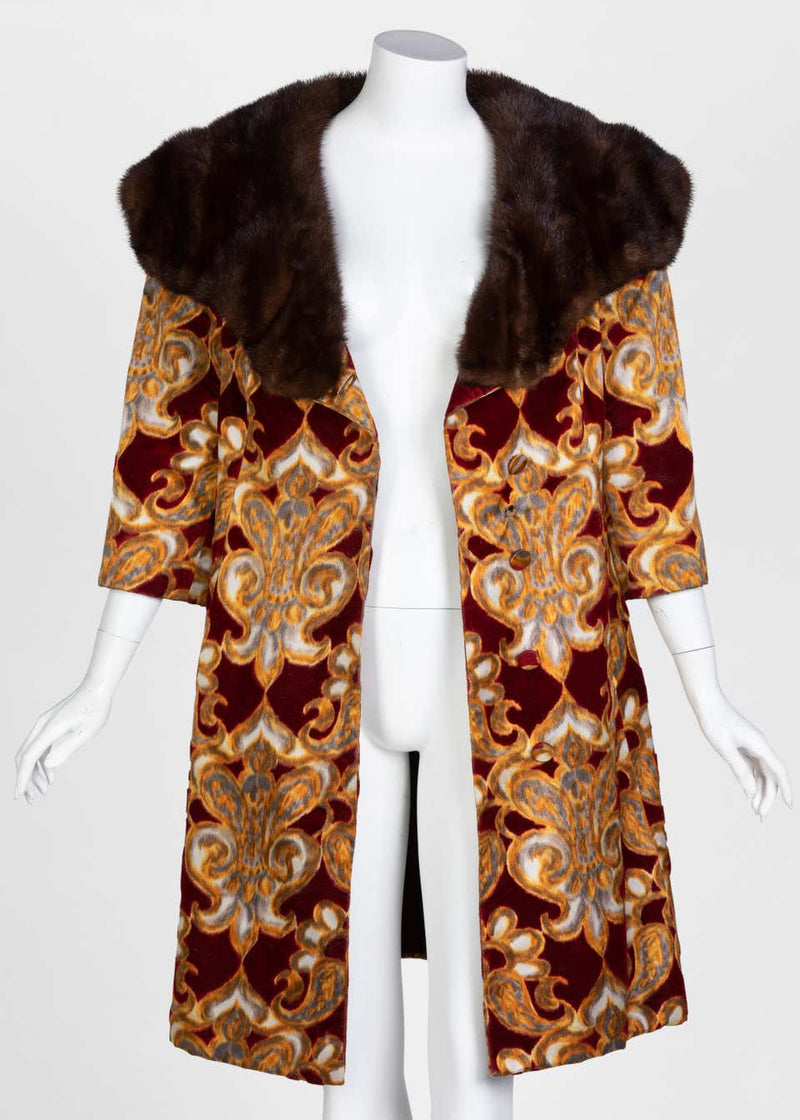 Galanos Couture Red Gold Velvet Fur Trimmed Coat & Dress Ensemble, 1982
