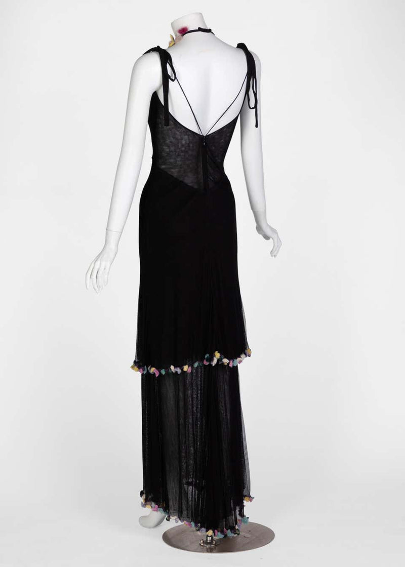 Fendi Black Silk Mesh Tiered Hourglass Fur Floral Applique Maxi Dress
