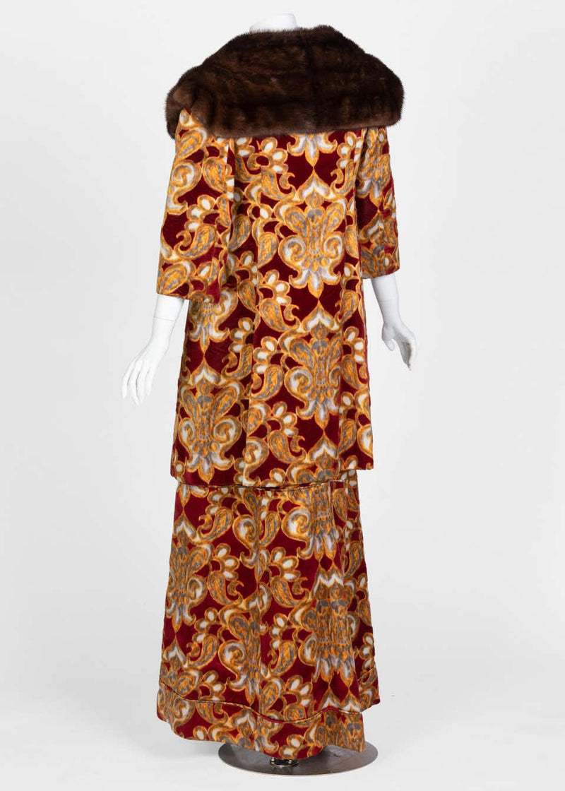 Galanos Couture Red Gold Velvet Fur Trimmed Coat & Dress Ensemble, 1982