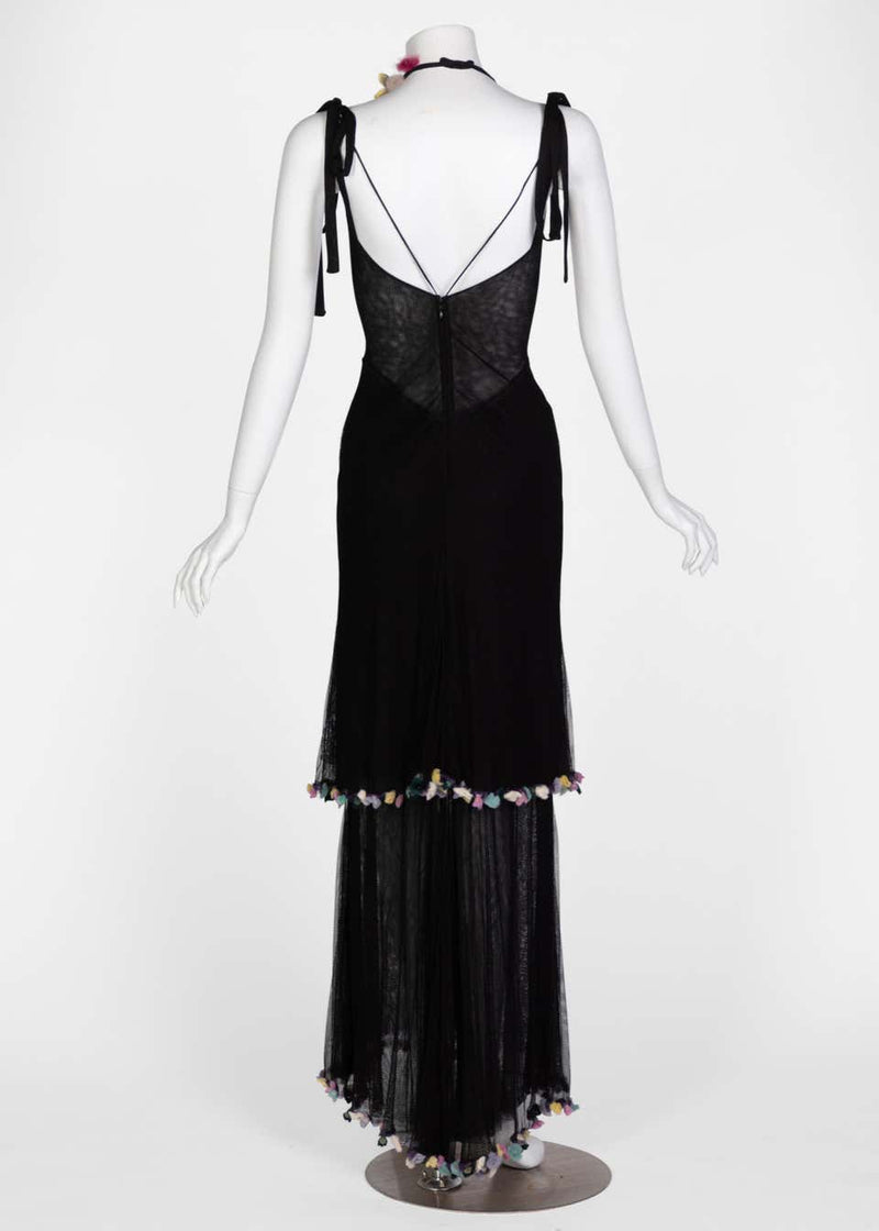 Fendi Black Silk Mesh Tiered Hourglass Fur Floral Applique Maxi Dress Basha Gold Fendi Black Silk Mesh Tiered Hourglass Fur Floral Applique Maxi Dress Basha Gold