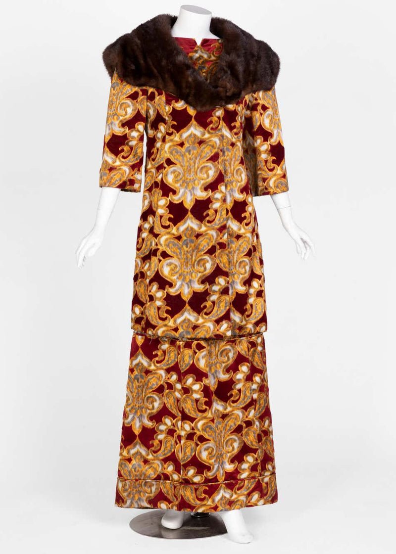 Galanos Couture Red Gold Velvet Fur Trimmed Coat & Dress Ensemble, 1982