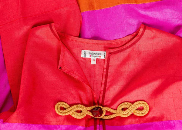 Yves Saint Laurent Pink Red Orange Color Block Silk Tunic Top YSL, 1990s
