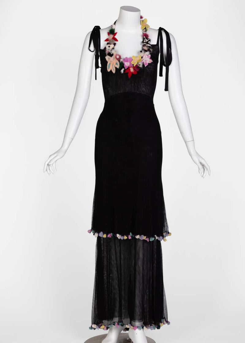 Fendi Black Silk Mesh Tiered Hourglass Fur Floral Applique Maxi Dress