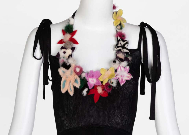 Fendi Black Silk Mesh Tiered Hourglass Fur Floral Applique Maxi Dress