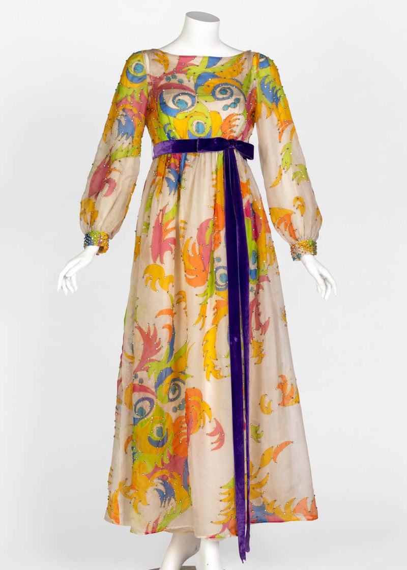 Malcolm Starr Rhinestone Organza Print Dress, 1970s