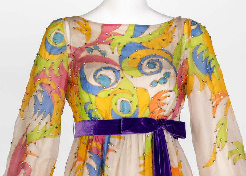 Malcolm Starr Rhinestone Organza Print Dress, 1970s