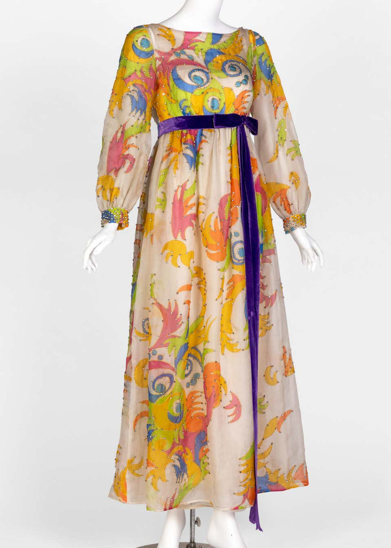 Malcolm Starr Rhinestone Organza Print Dress, 1970s