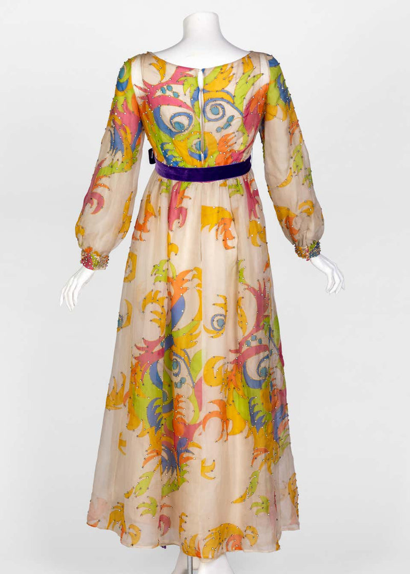 Malcolm Starr Rhinestone Organza Print Dress, 1970s