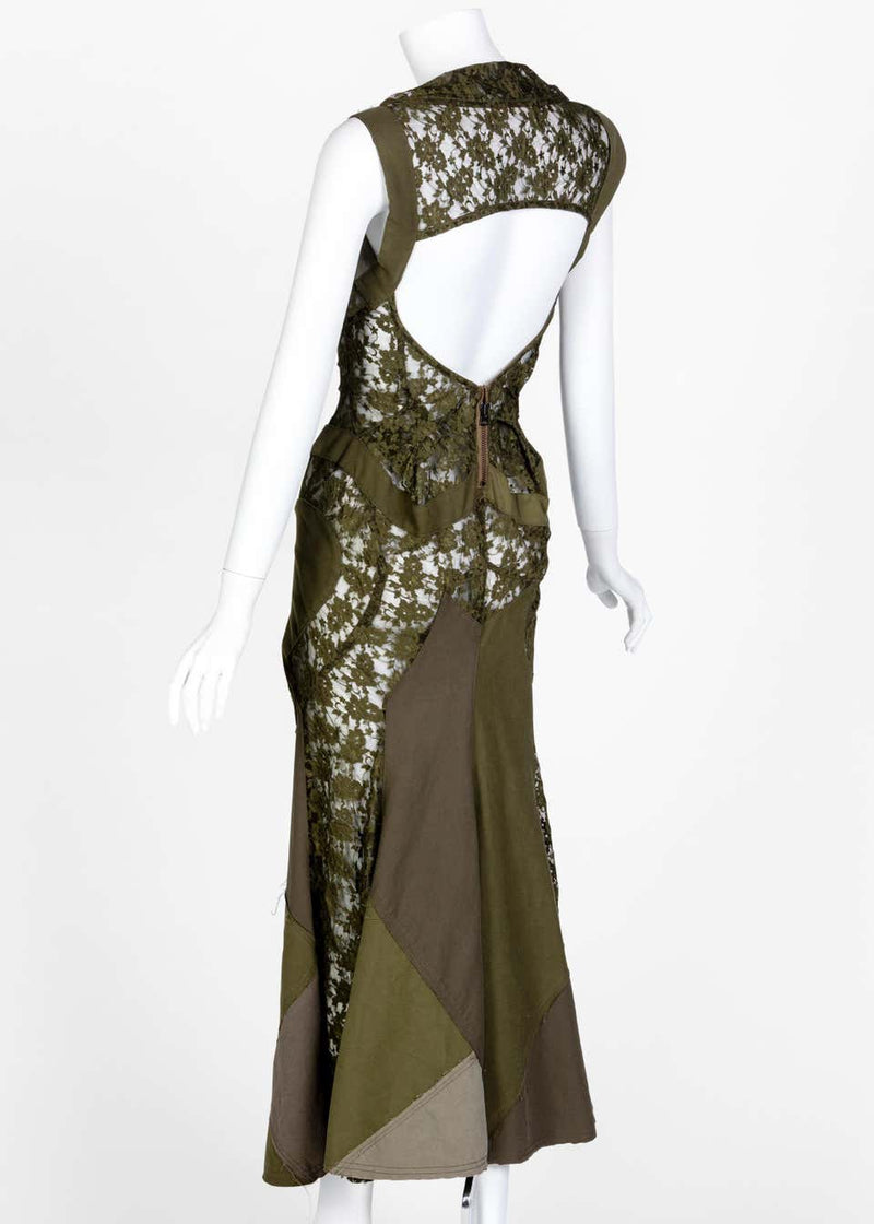 Junya Watanabe Comme des Garons Green Sleeveless Lace Patch-Work Dres Basha Gold Junya Watanabe Comme des Garons Green Sleeveless Lace Patch-Work Dres Basha Gold