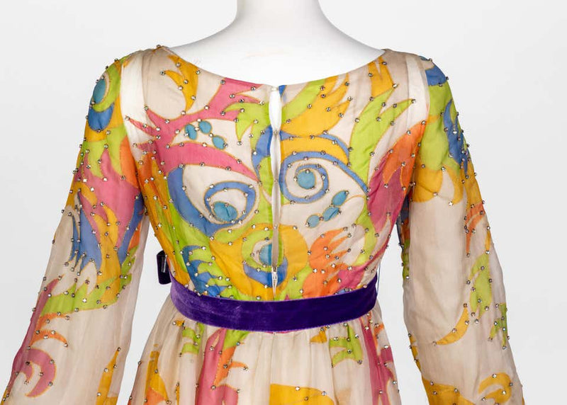Malcolm Starr Rhinestone Organza Print Dress, 1970s