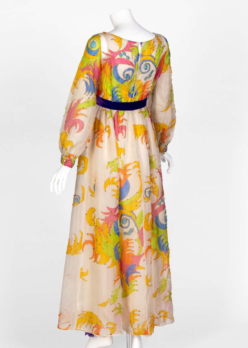 Malcolm Starr Rhinestone Organza Print Dress, 1970s