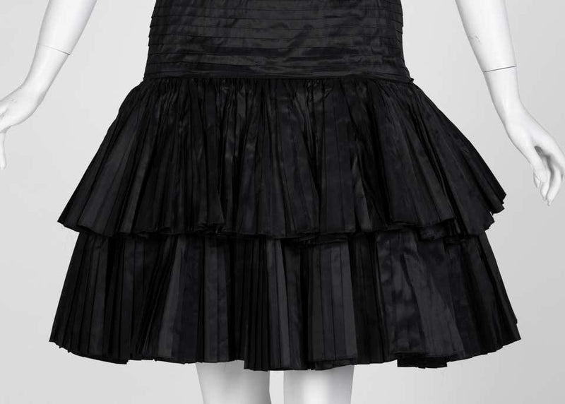 Oscar de la Renta Black Silk Taffeta Pleated Ruffle Cocktail Dress, 1980s