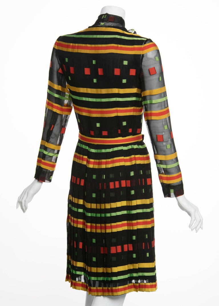 Givenchy Multicolored Striped Pleated Silk Bow Belted Dress,1970s