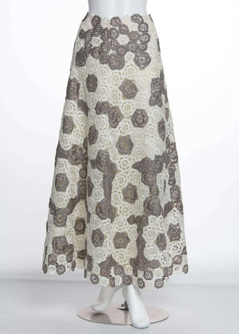 Vintage Anna Giovannozzi Italy Grey White Floral Crochet Raffia Maxi Skirt