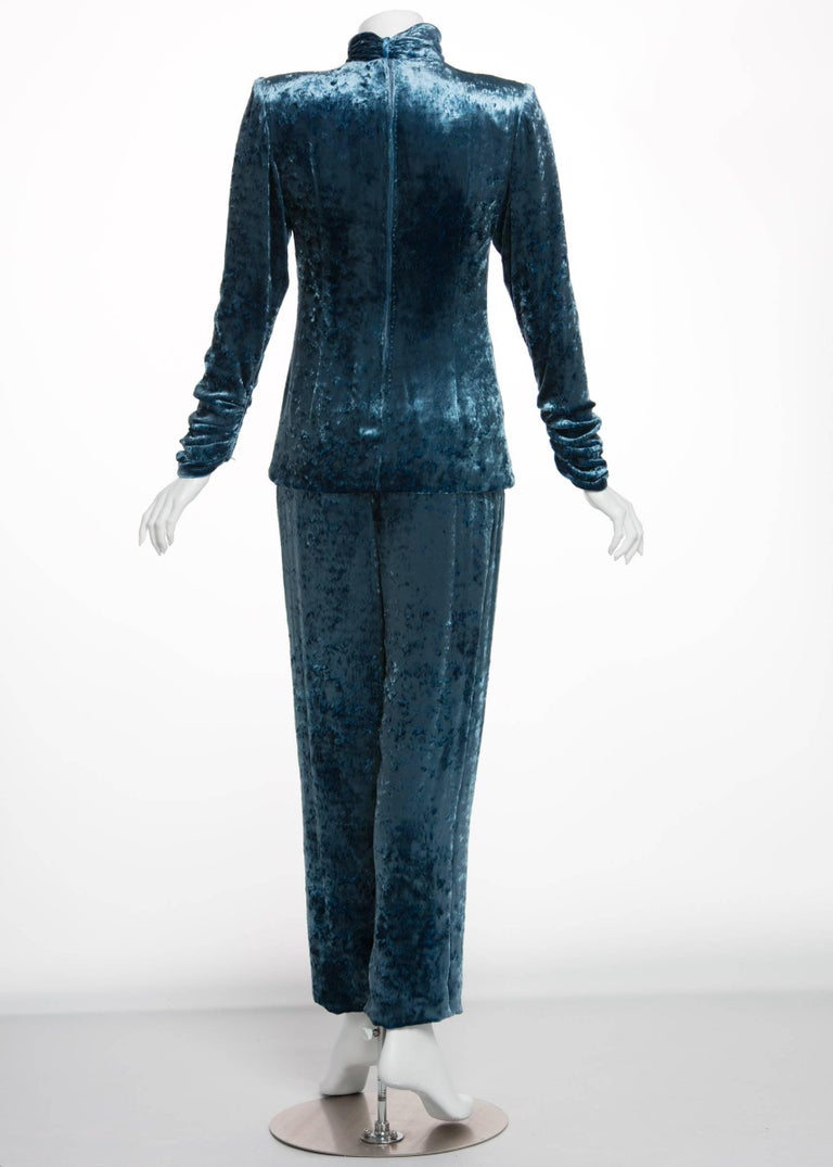 Galanos Couture Blue Velvet Evening Tunic Top Pants Suit, 1980s