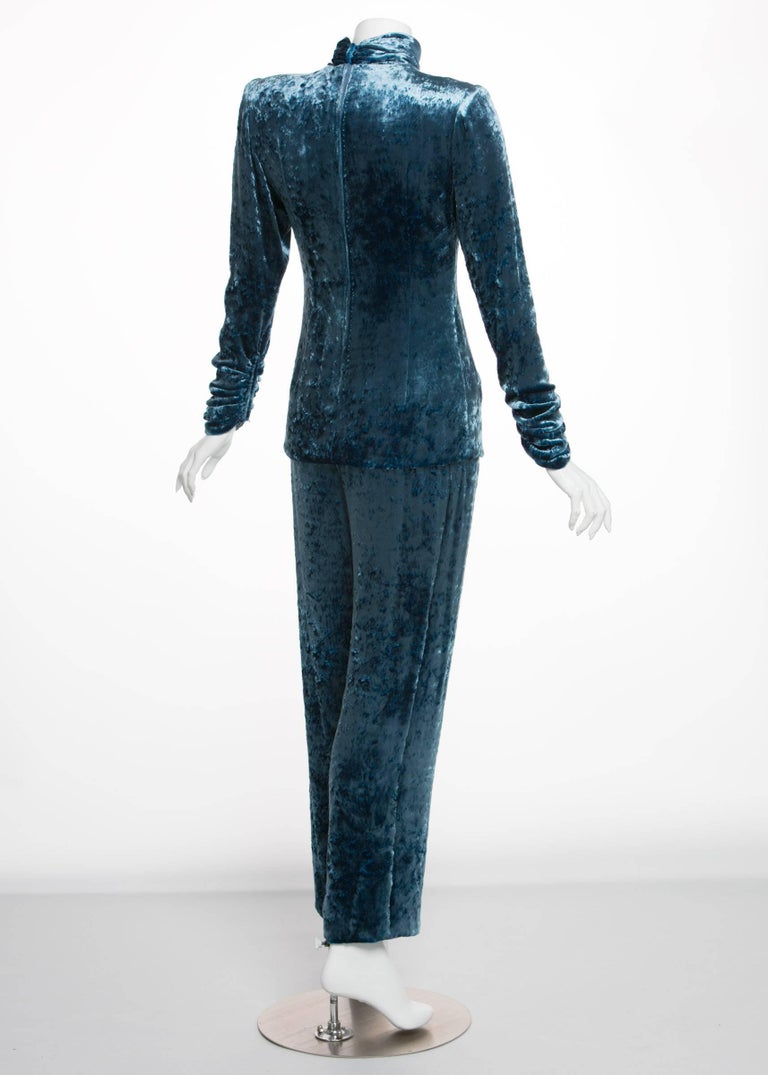 Galanos Couture Blue Velvet Evening Tunic Top Pants Suit, 1980s
