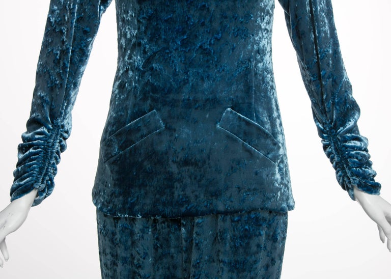 Galanos Couture Blue Velvet Evening Tunic Top Pants Suit, 1980s