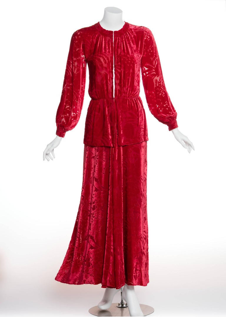 1970s Thea Porter Couture Red Silk Velvet Dress