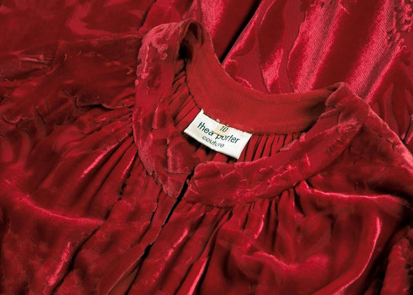 1970s Thea Porter Couture Red Silk Velvet Dress