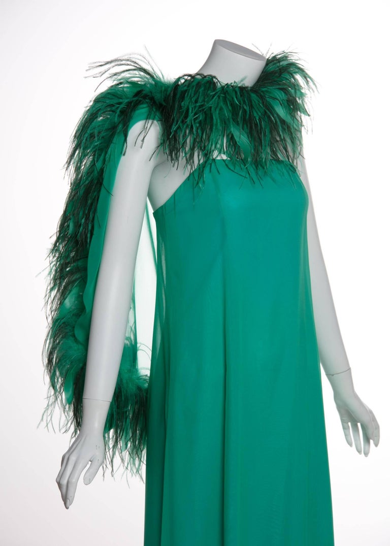 1970s Malcolm Starr Emerald Green Chiffon Gown & Ostrich Feather Cape Set