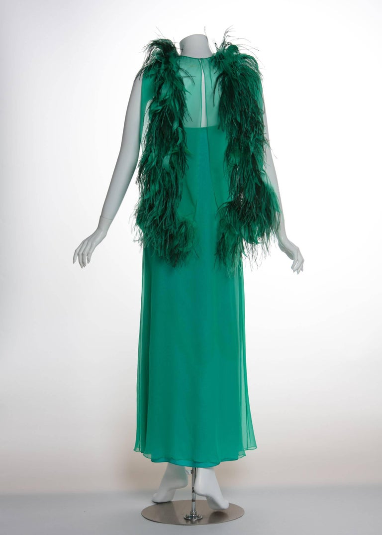 1970s Malcolm Starr Emerald Green Chiffon Gown & Ostrich Feather Cape Set