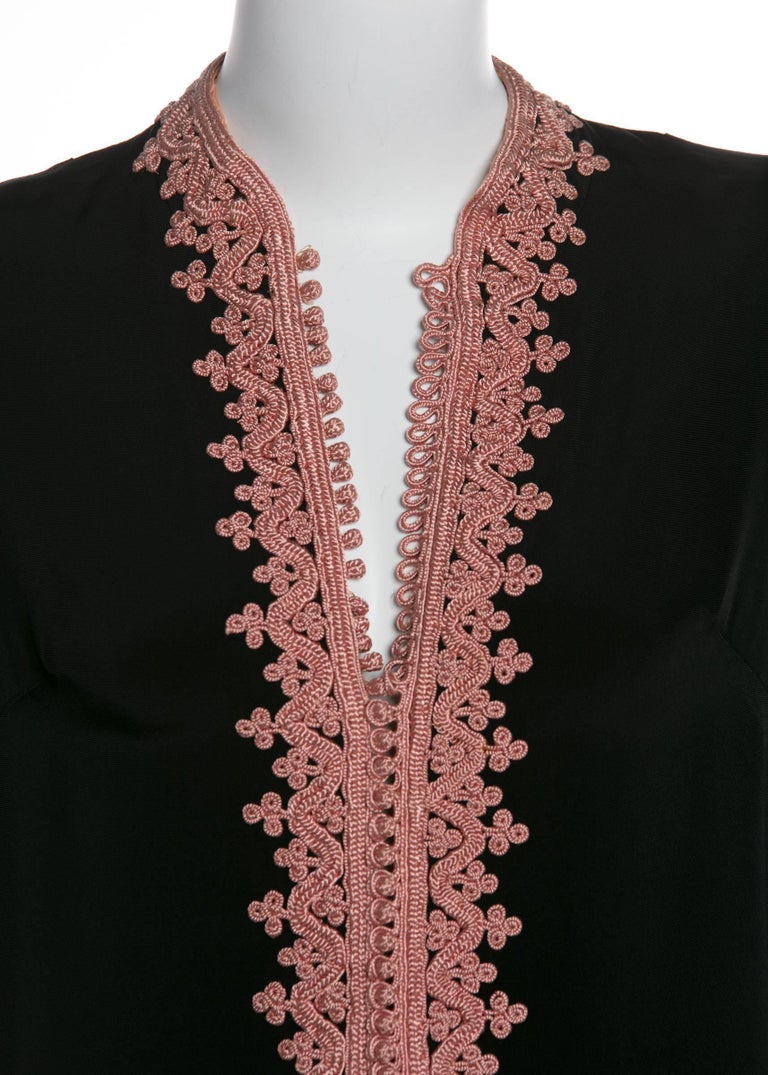 1970s Vintage 'De Velasco Boutique, Tanger’ Black Silk Pink Embroidered Caftan