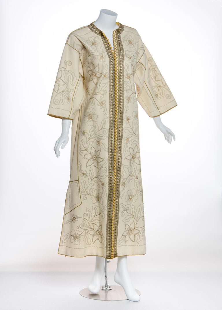 Vintage Ivory Gold Floral Embroidered Vintage Caftan Dress