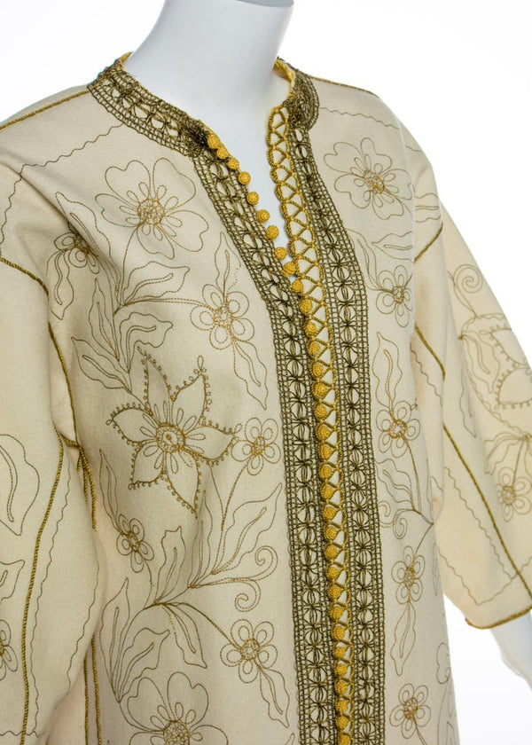 Vintage Ivory Gold Floral Embroidered Vintage Caftan Dress