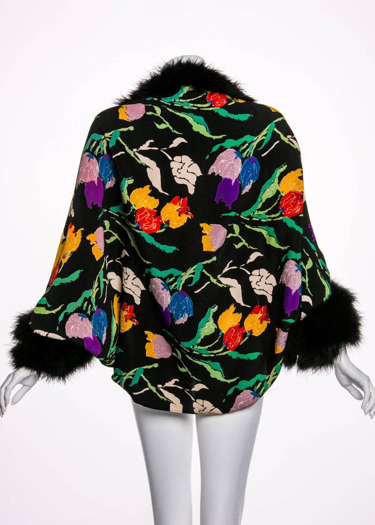 1930s Floral Silk Crepe & Marabou Feather Dolman Sleeve Cocoon Evening jacket