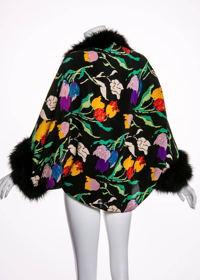 1930s Floral Silk Crepe & Marabou Feather Dolman Sleeve Cocoon Evening jacket