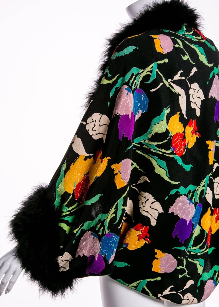 1930s Floral Silk Crepe & Marabou Feather Dolman Sleeve Cocoon Evening jacket