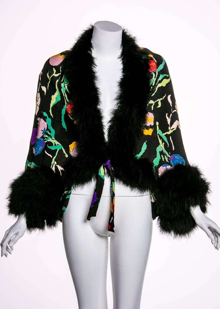 1930s Floral Silk Crepe & Marabou Feather Dolman Sleeve Cocoon Evening jacket