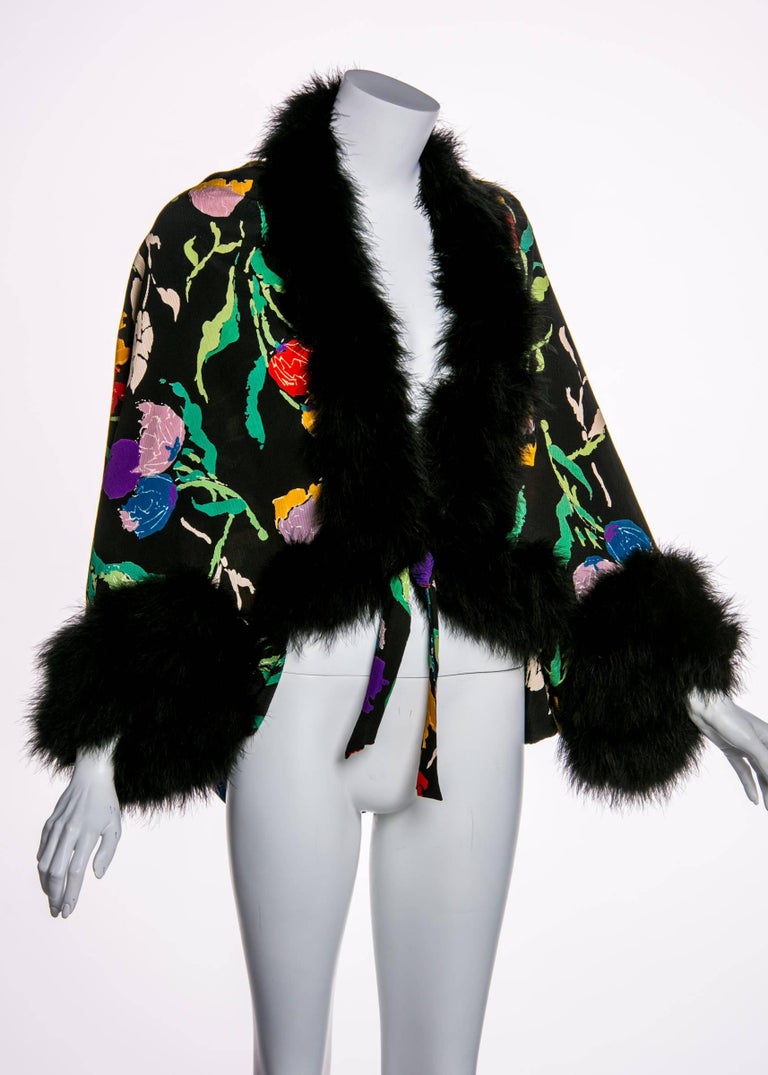1930s Floral Silk Crepe & Marabou Feather Dolman Sleeve Cocoon Evening jacket