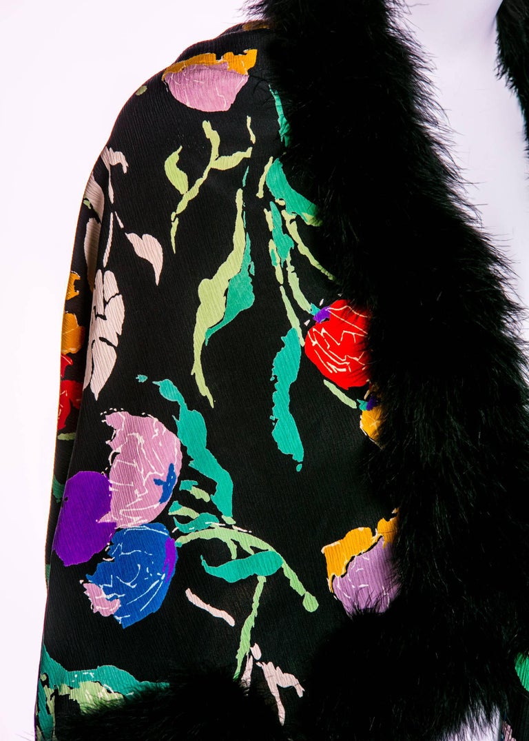 1930s Floral Silk Crepe & Marabou Feather Dolman Sleeve Cocoon Evening jacket