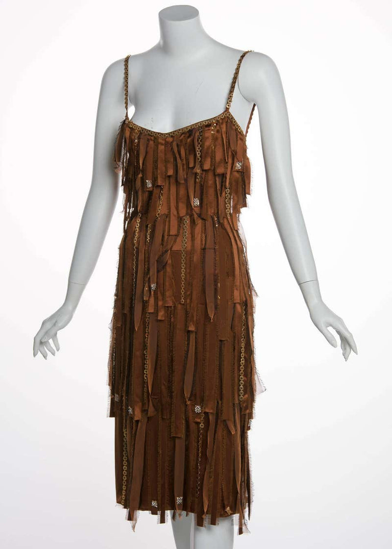 Paco Rabanne Copper Silk Gold Chain Fringe Dress, Fall 2004