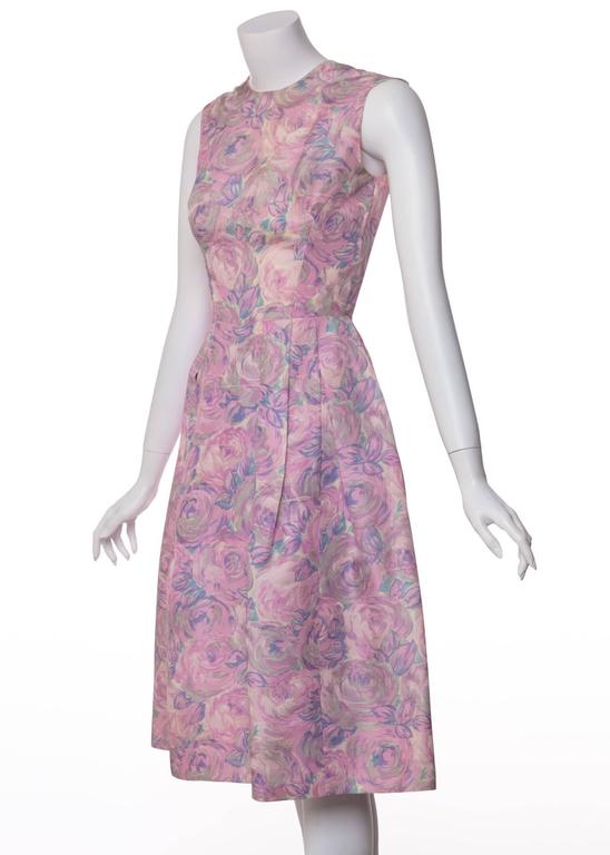 1950s Hattie Carnegie Silk Floral Print Watercolor Nipped Waist Dress
