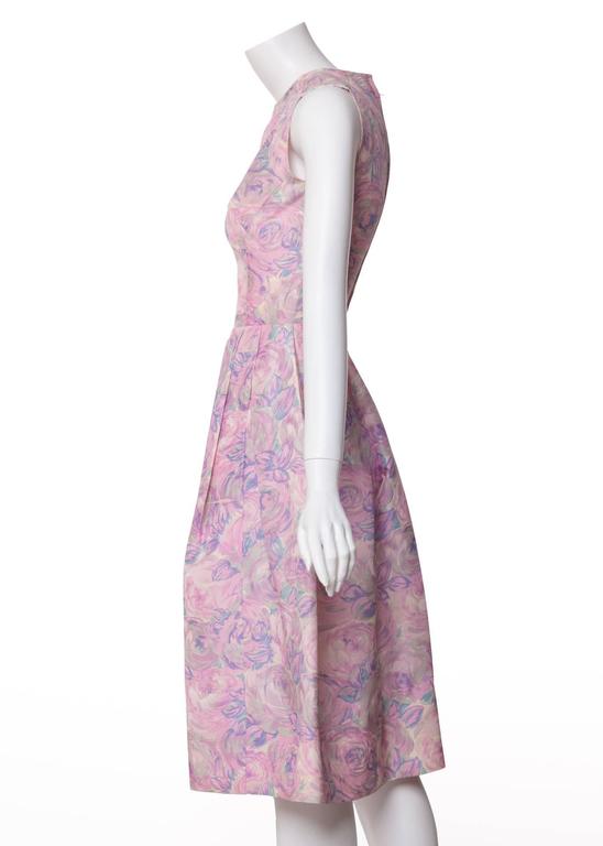 1950s Hattie Carnegie Silk Floral Print Watercolor Nipped Waist Dress