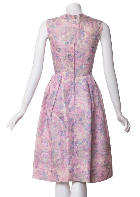 1950s Hattie Carnegie Silk Floral Print Watercolor Nipped Waist Dress