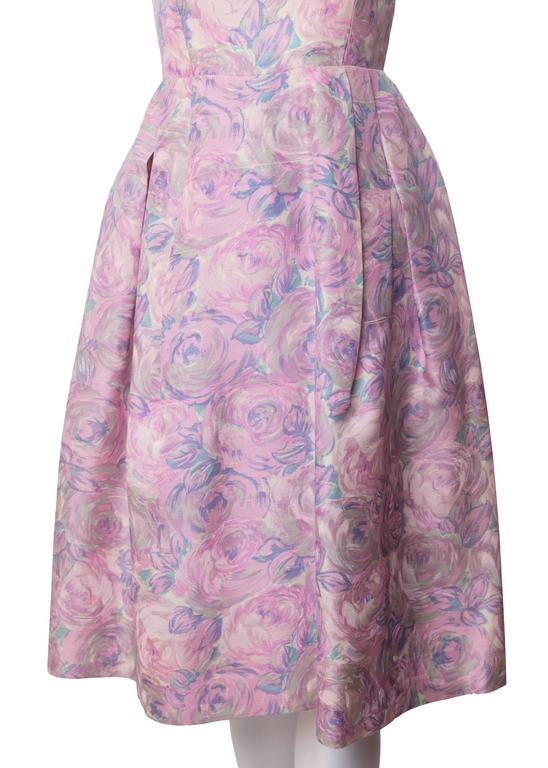 1950s Hattie Carnegie Silk Floral Print Watercolor Nipped Waist Dress
