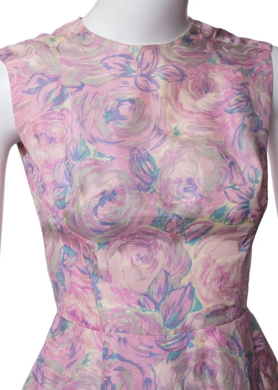 1950s Hattie Carnegie Silk Floral Print Watercolor Nipped Waist Dress
