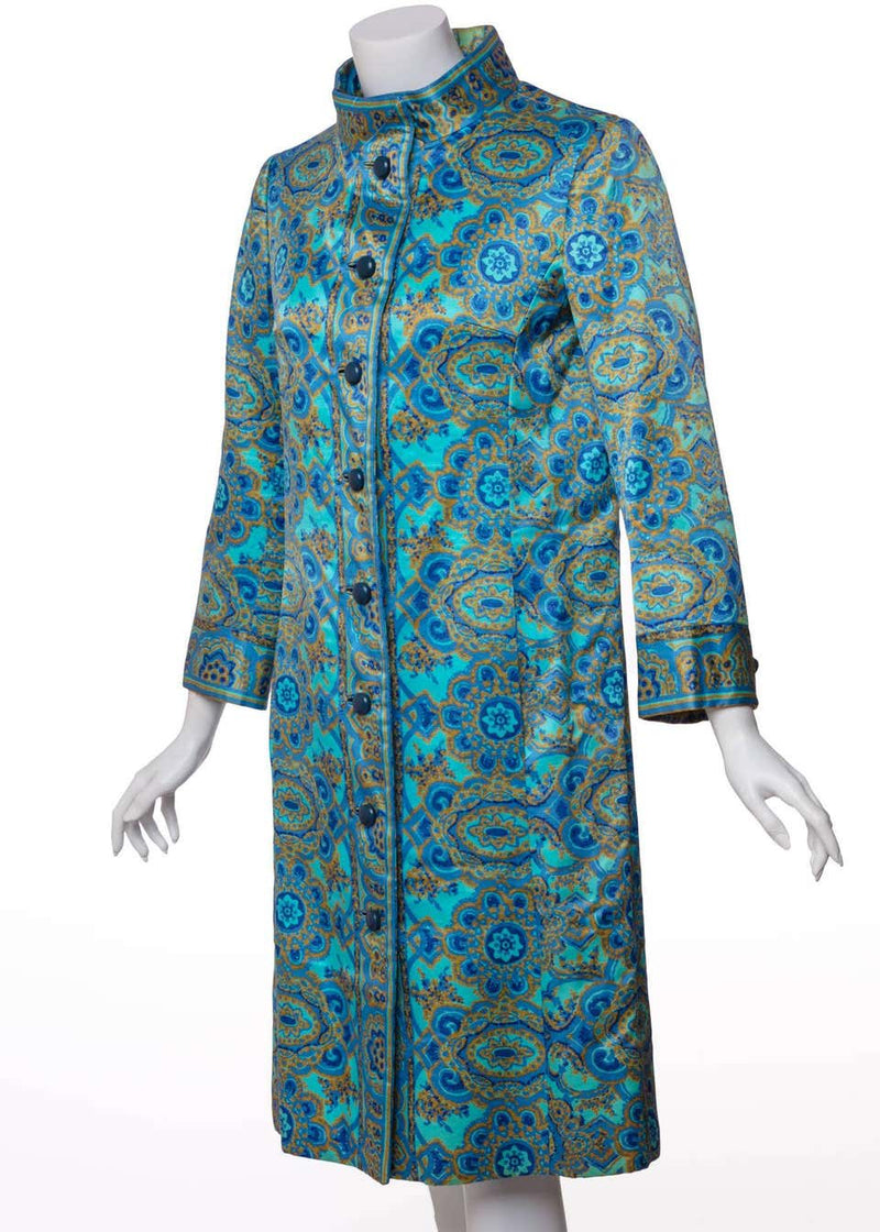 1960s Christian Dior New York Demi Couture Blue Stained Glass Silk Evening Coat