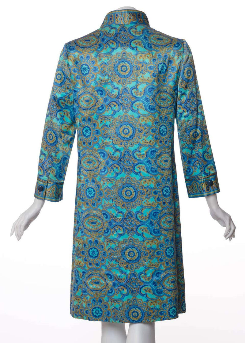 1960s Christian Dior New York Demi Couture Blue Stained Glass Silk Evening Coat