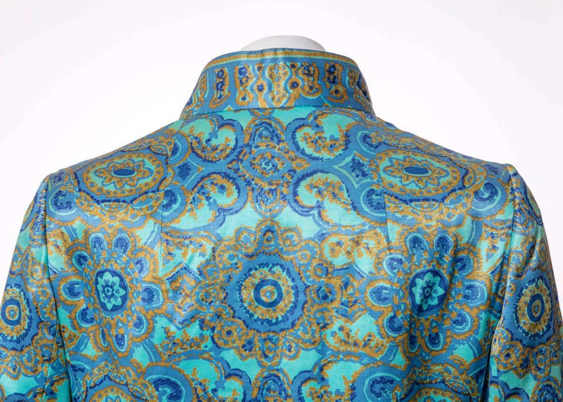 1960s Christian Dior New York Demi Couture Blue Stained Glass Silk Evening Coat