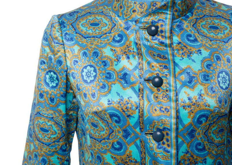 1960s Christian Dior New York Demi Couture Blue Stained Glass Silk Evening Coat
