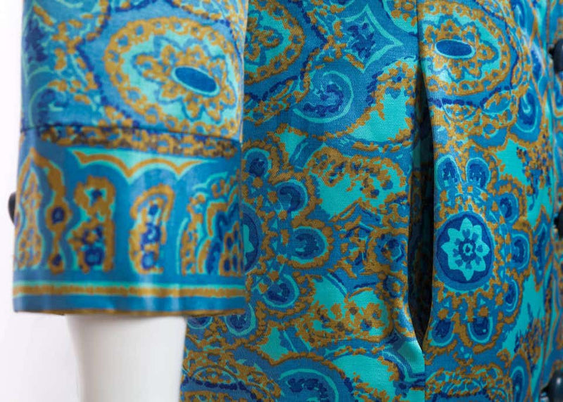 1960s Christian Dior New York Demi Couture Blue Stained Glass Silk Evening Coat