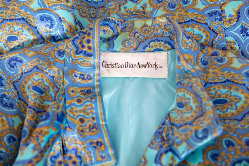 1960s Christian Dior New York Demi Couture Blue Stained Glass Silk Evening Coat