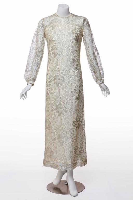 1960s Anonymous Silver Lace Long Sleeve Column Evening Dress Gown