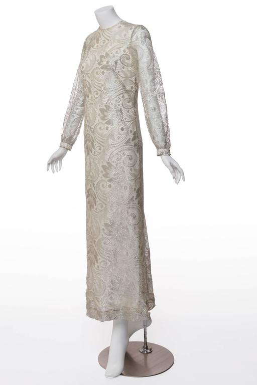 1960s Anonymous Silver Lace Long Sleeve Column Evening Dress Gown