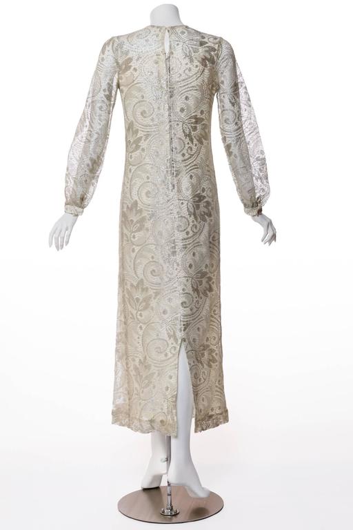 1960s Anonymous Silver Lace Long Sleeve Column Evening Dress Gown